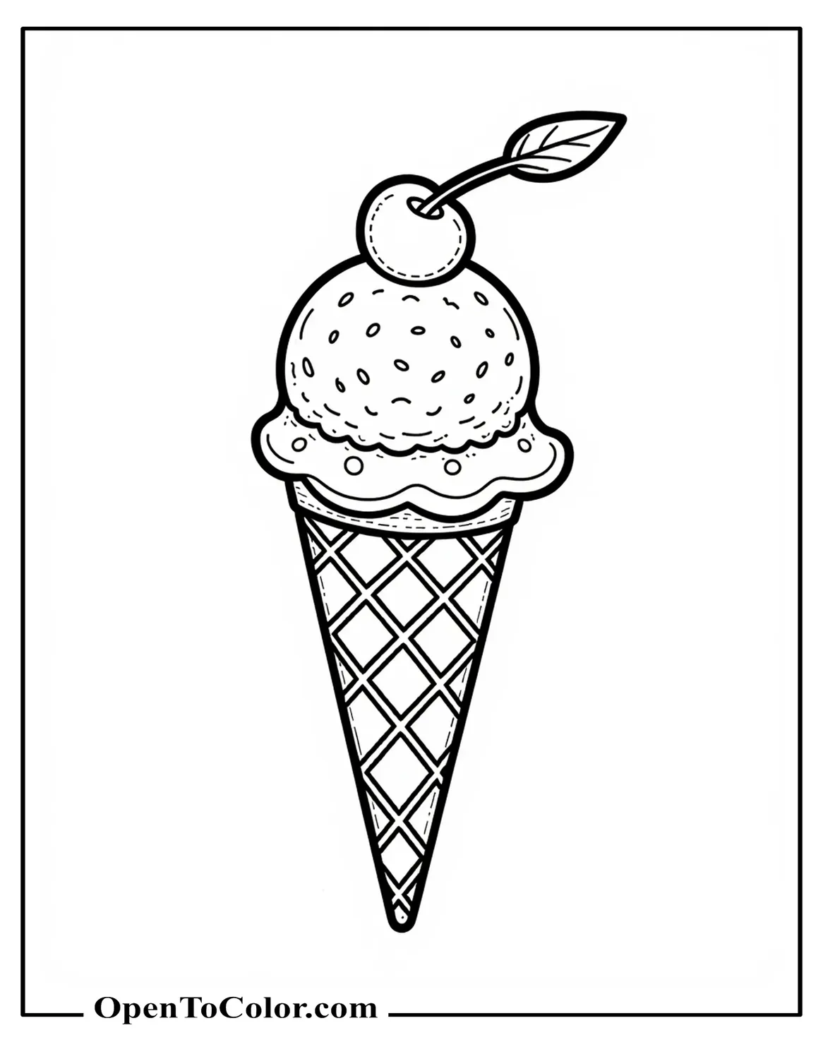 Printable Coloring Sheet of a Tall Waffle Ice Cream Cone with One Scoop Topped by a Simple Cherry Outline