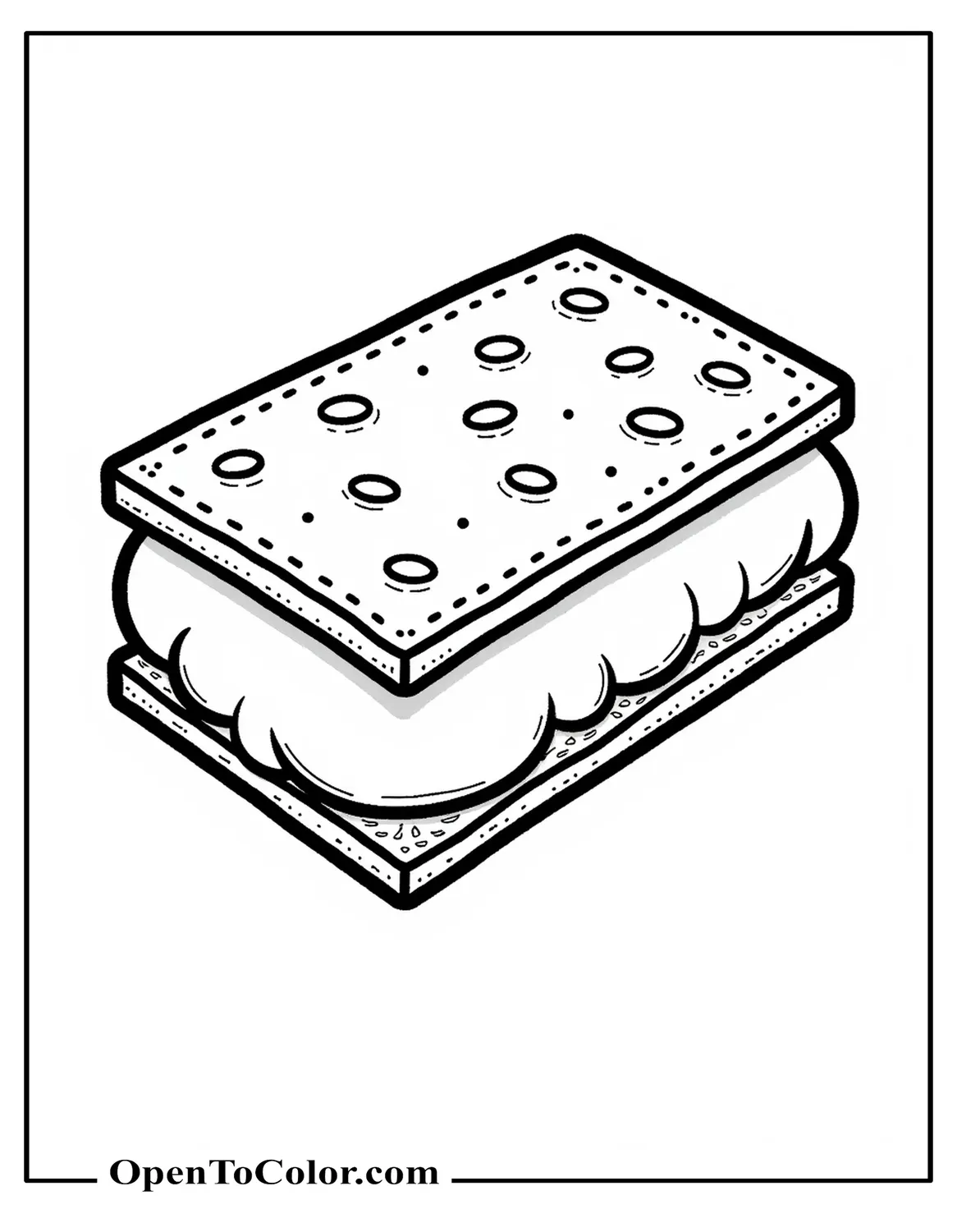 Printable coloring sheet of a rectangular ice cream sandwich with dotted cookie texture.