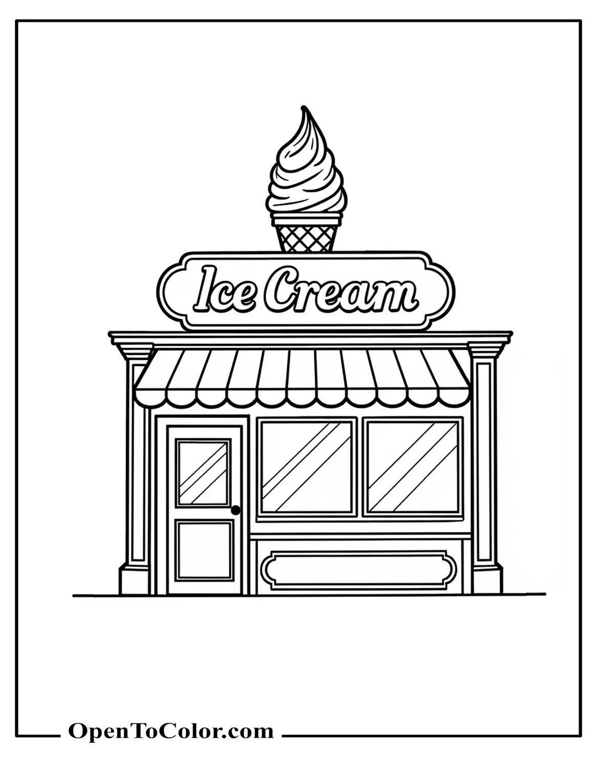 Printable Coloring Sheet of a Small Ice Cream Shopfront With a Giant Cone Sign Above the Door