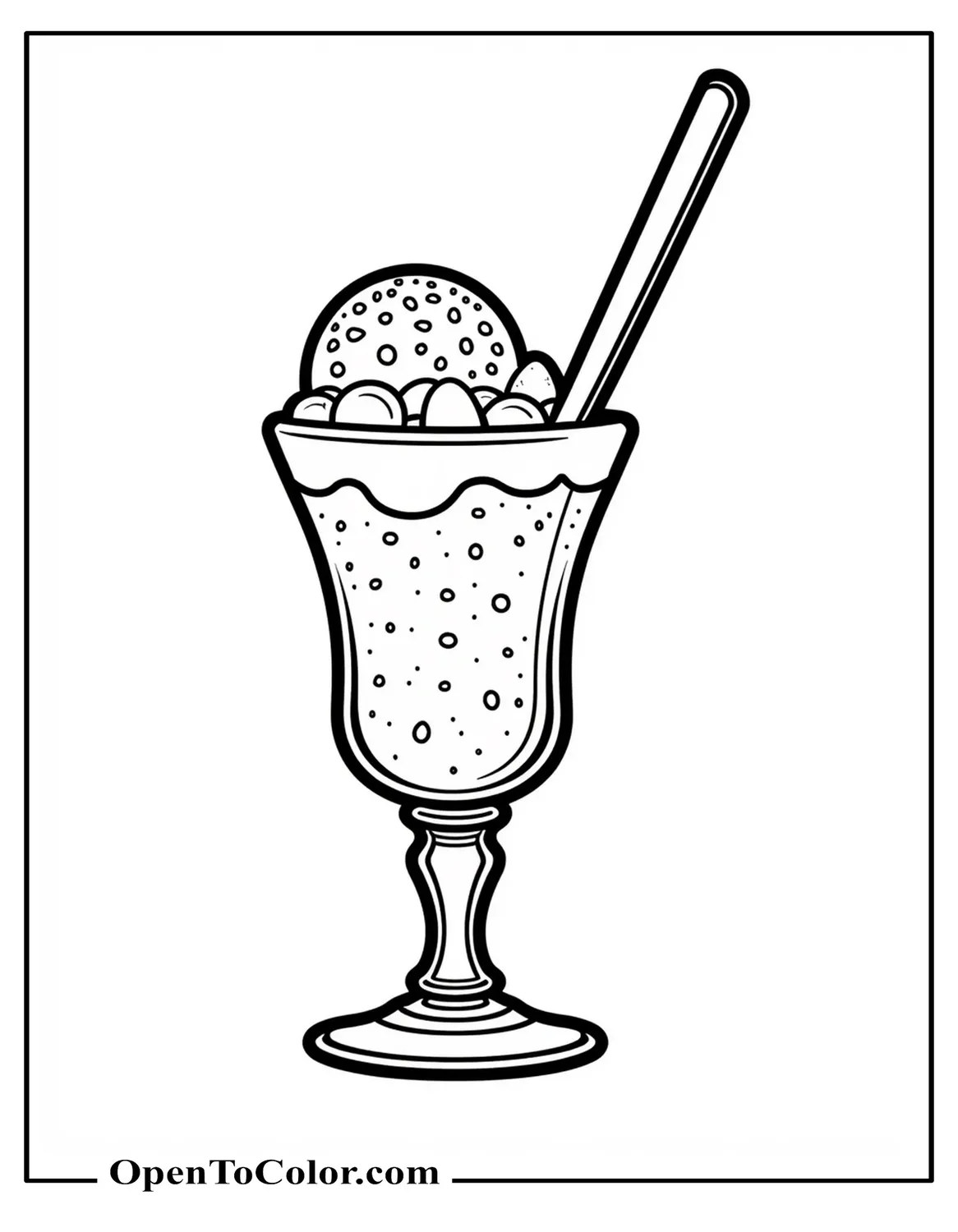 Printable coloring page of an ice cream sundae glass with one scoop and a long spoon resting against the rim.