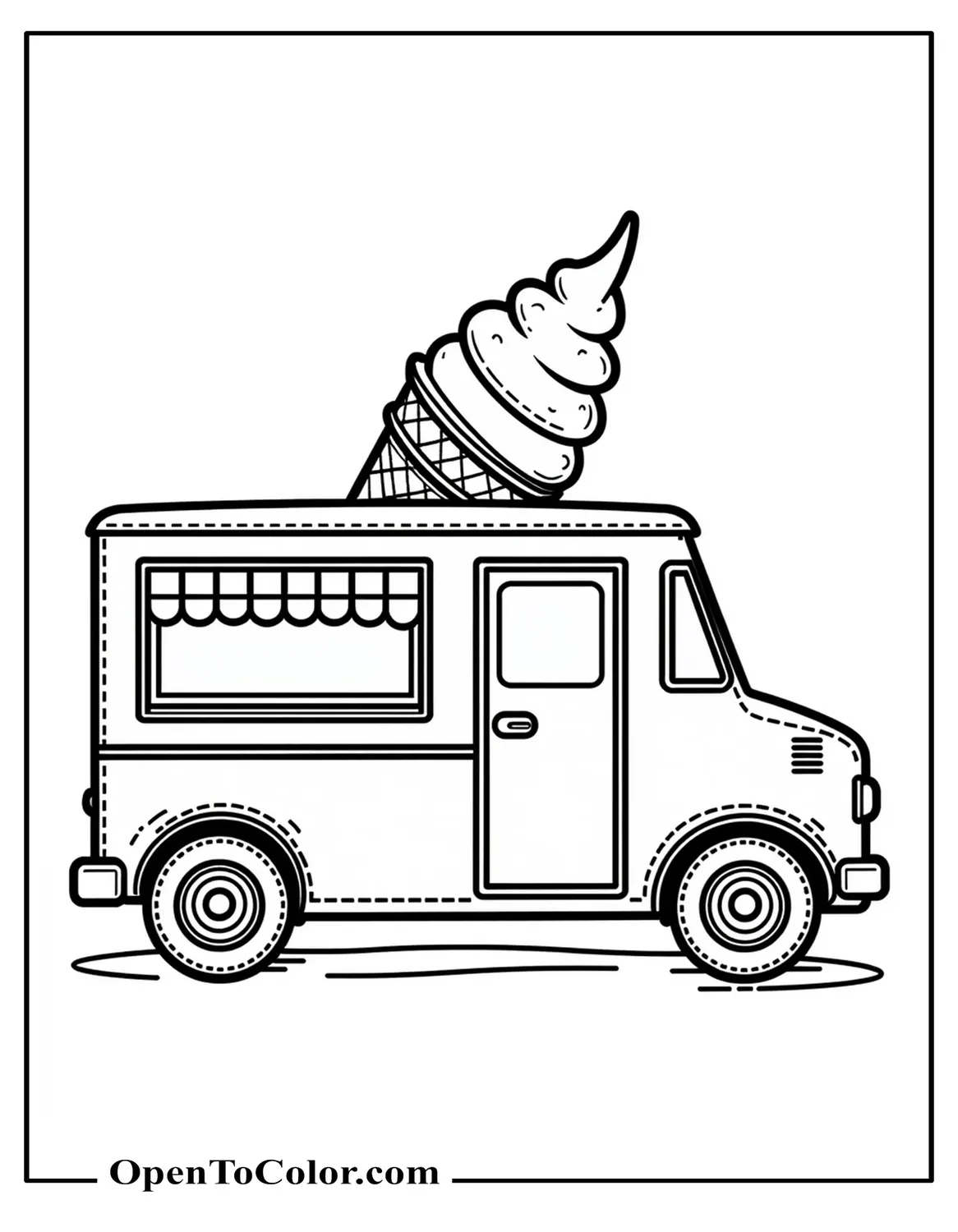 Ice Cream Truck Coloring Page PDF With An Oversized Cone On The Roof