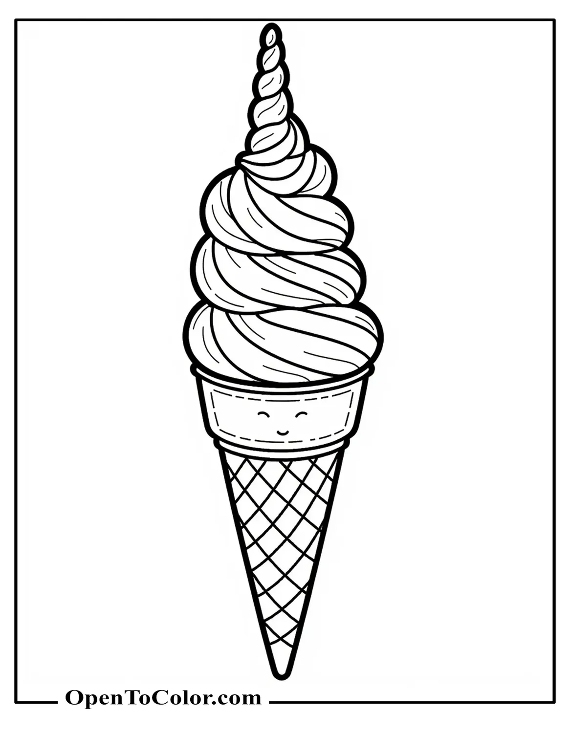 Ice Cream Scoop Styled as a Unicorn on a Cone Coloring Sheet PDF