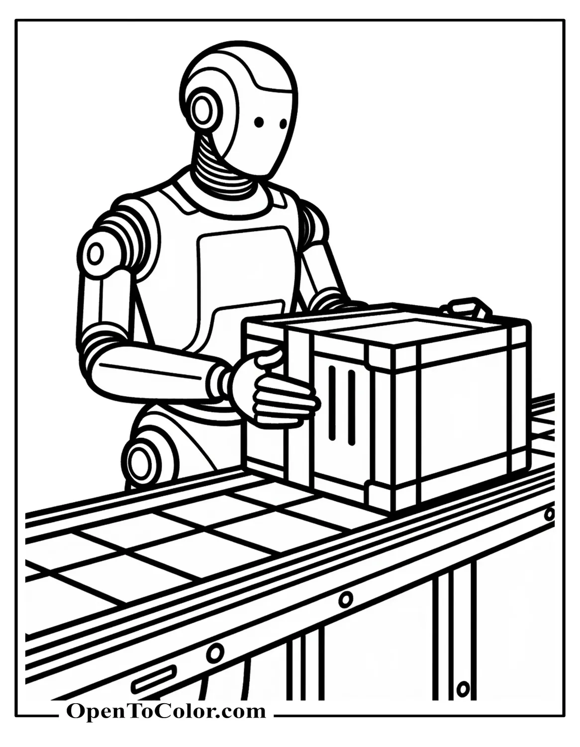 Printable Coloring Sheet of an Industrial Factory Robot Lifting a Crate from a Conveyor Line