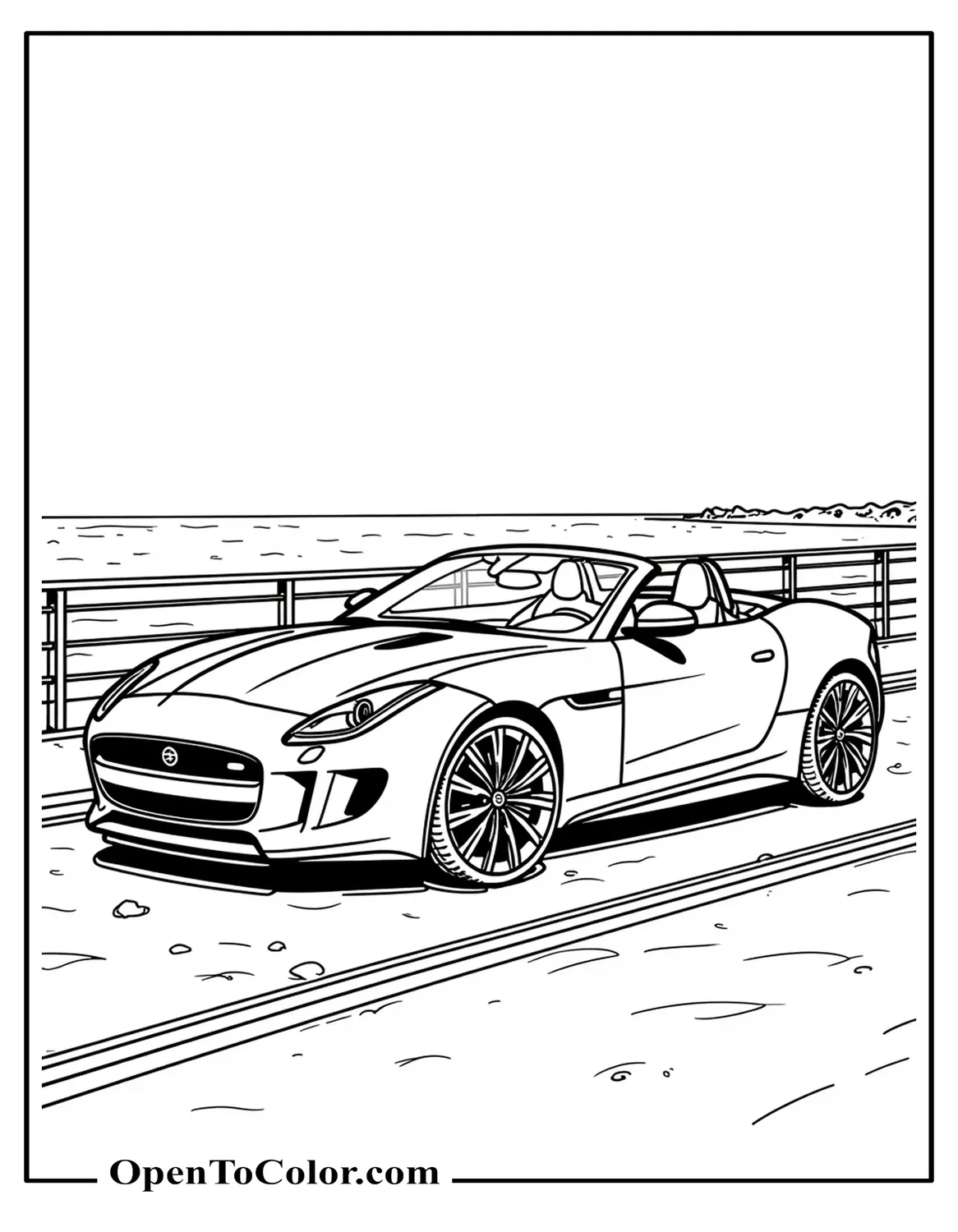 Jaguar F-Type Convertible Coloring Sheet PDF Parked Beside a Seaside Railing
