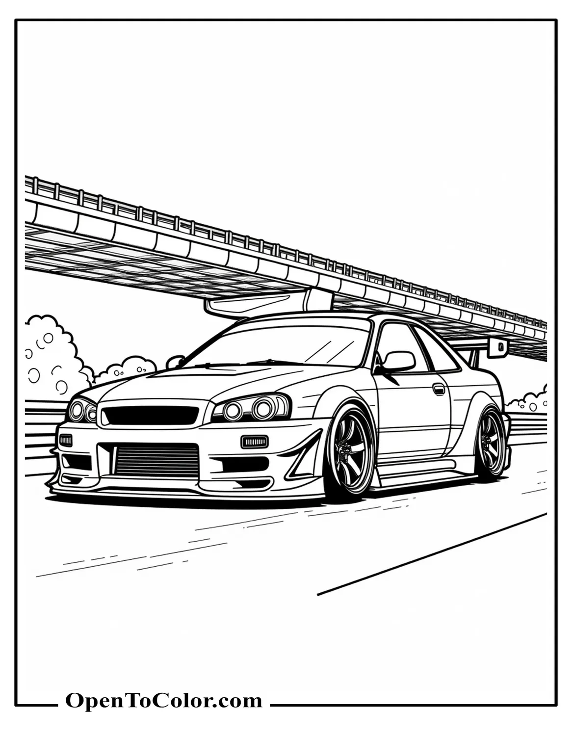 Lowered tuner coupe coloring sheet PDF with widebody kit and large rear wing under an overpass