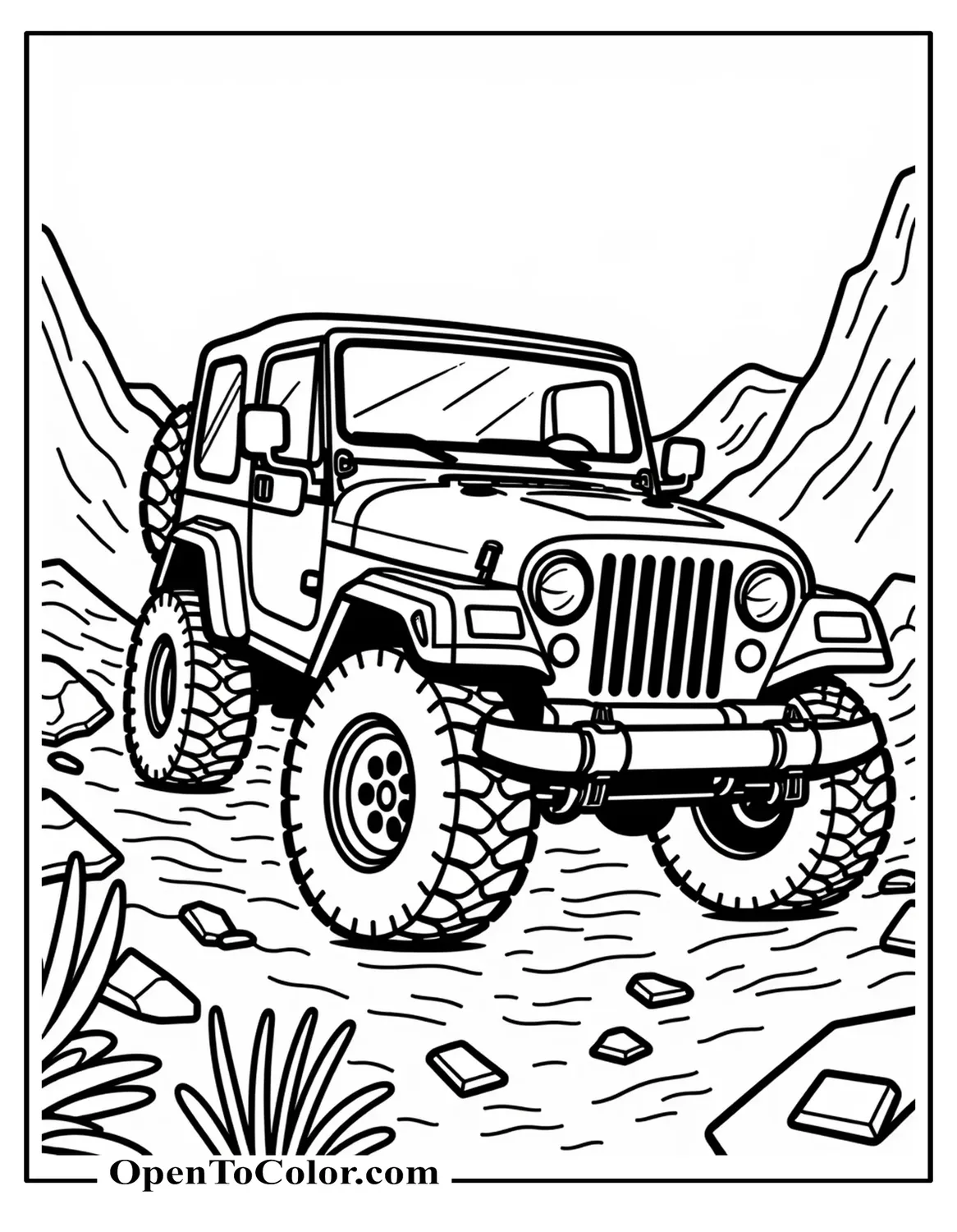 Free Coloring Page of a Jeep Wrangler Climbing a Rocky Trail with a Spare Tire on the Rear