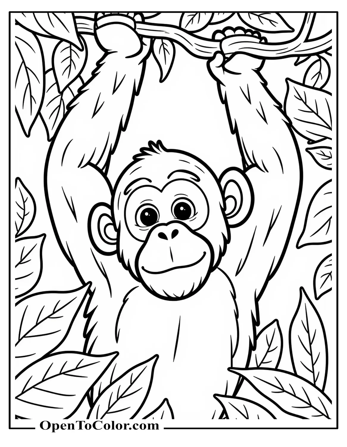 Free coloring page of a chimpanzee peeking through jungle leaves with a hanging vine overhead.