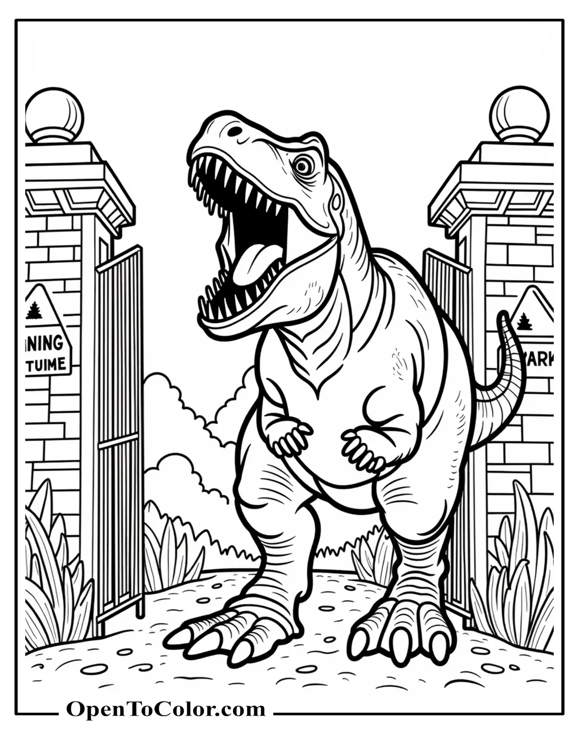 Free Carnotaurus Roaring In Front Of Tall Park Gates With Warning Signs Coloring Sheet
