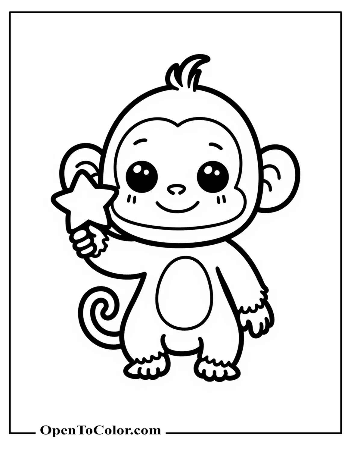 Kawaii Chimpanzee Coloring Page PDF With Round Head And Tiny Body Holding A Small Star