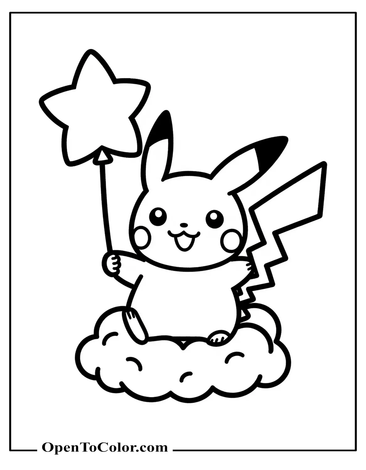 Printable Coloring Sheet of Baby Pikachu in Sanrio Style Holding a Star Balloon Sitting on a Cloud