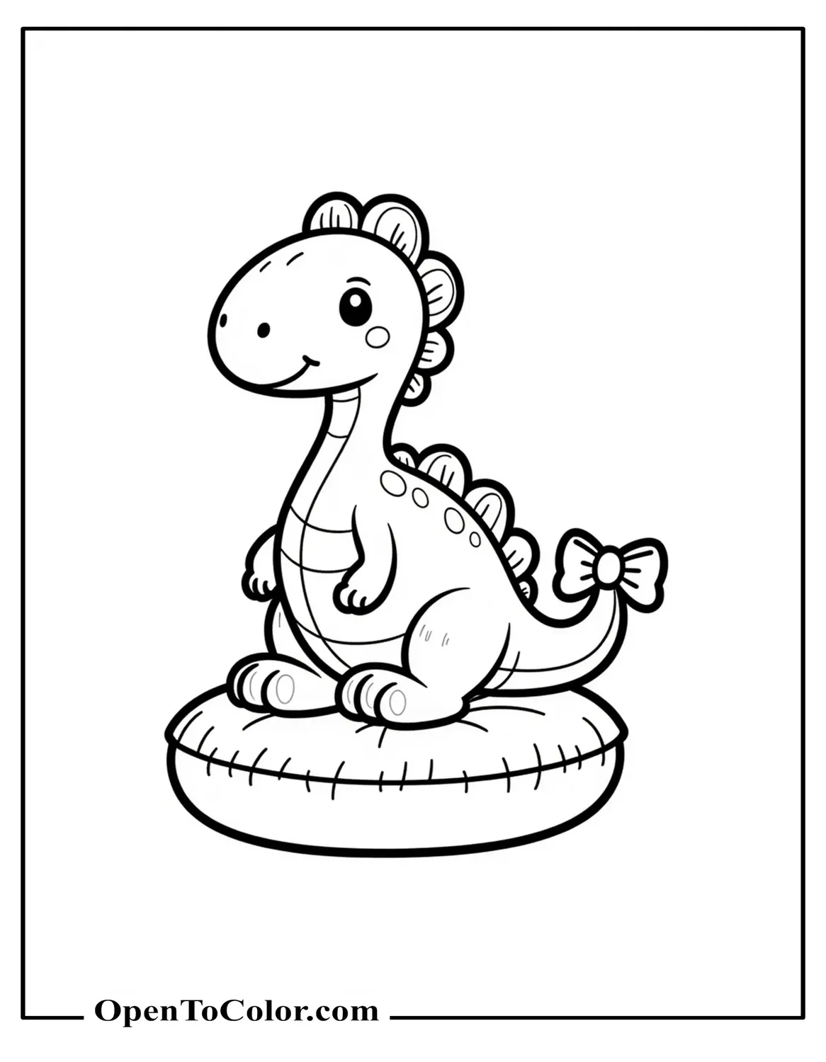 Sanrio style tiny brontosaurus coloring page printable sitting on a cushion with a bow on tail