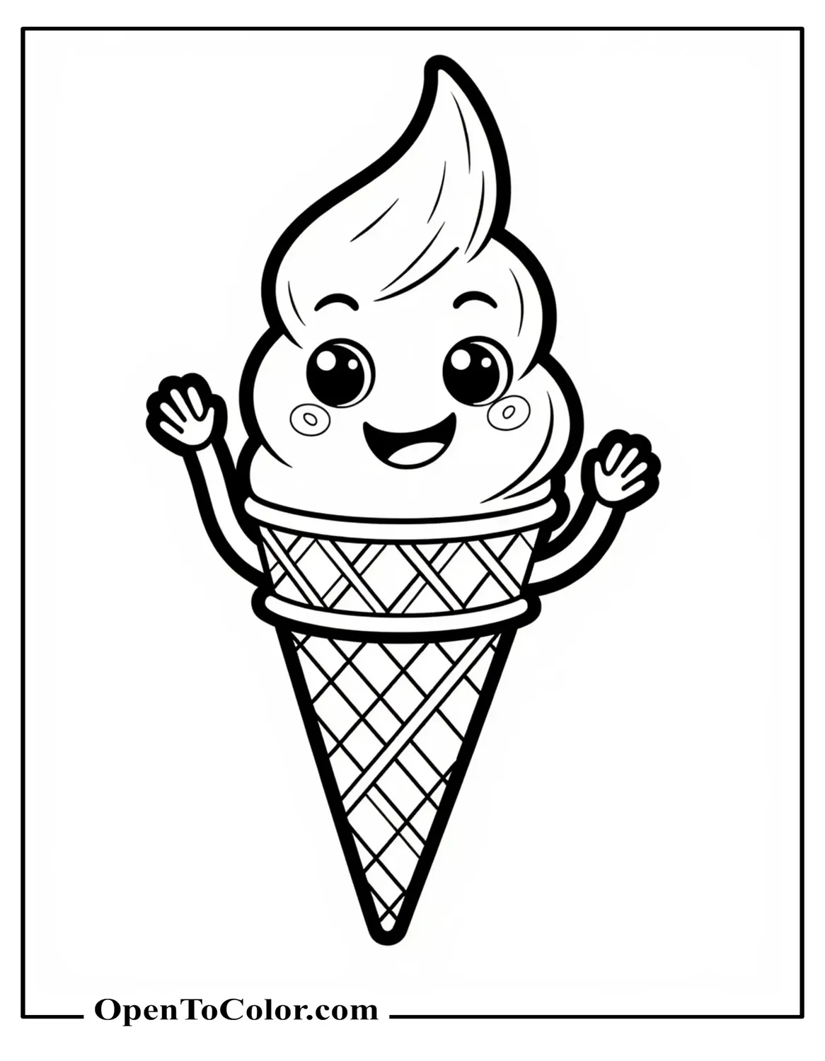 A Smiling Kawaii Ice Cream Cone With Big Eyes And Tiny Arms Waving, Drawn With Bold Outlines For Easy Coloring Page PDF.