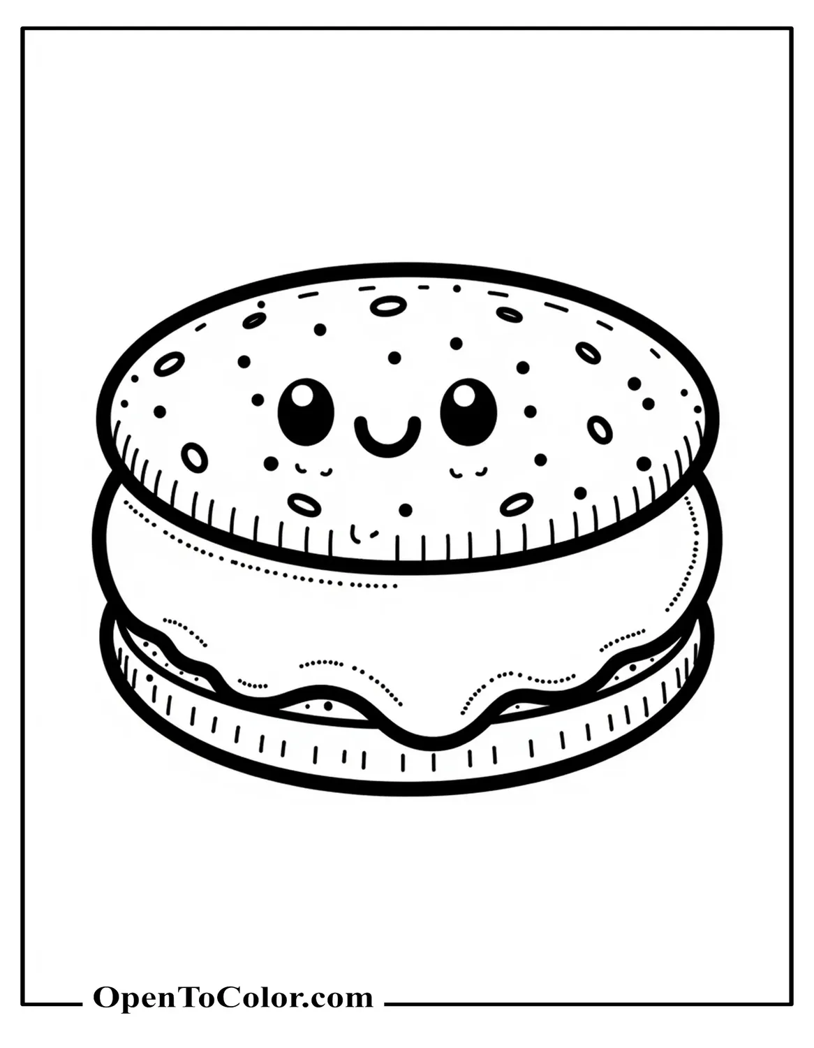 A free coloring page of a kawaii ice cream sandwich with a smiling face and dotted cookie texture, centered and chunky.
