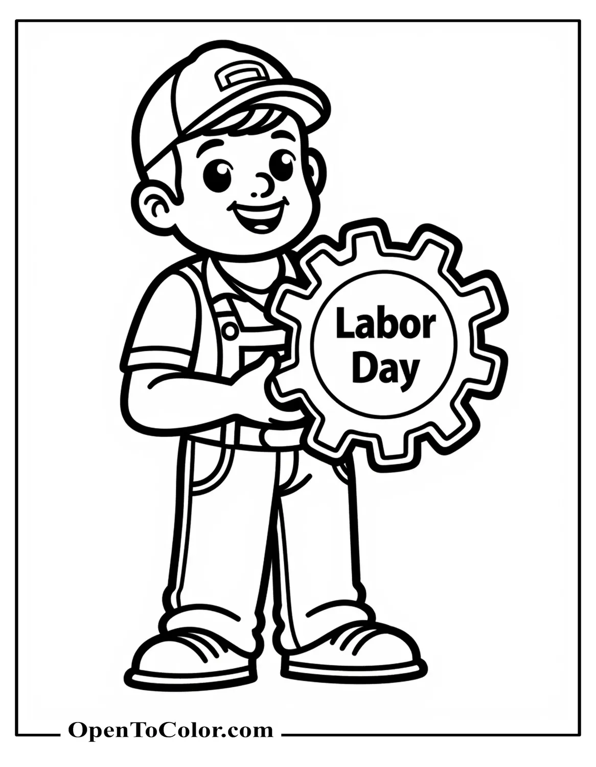 Free Coloring Page: Cute Mechanic Holding a Big Gear with “Labor Day” in the Center