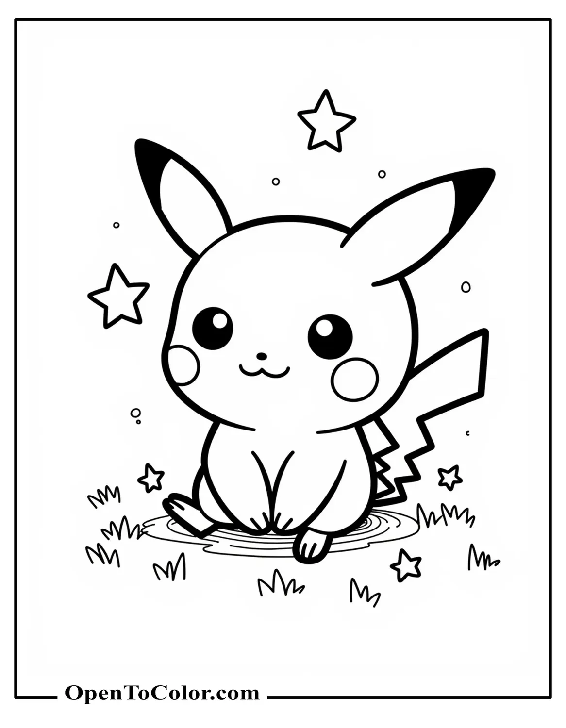 Kawaii Style Pikachu Tiny Body Huge Head Sitting Among Star Shapes Coloring Sheet Printable