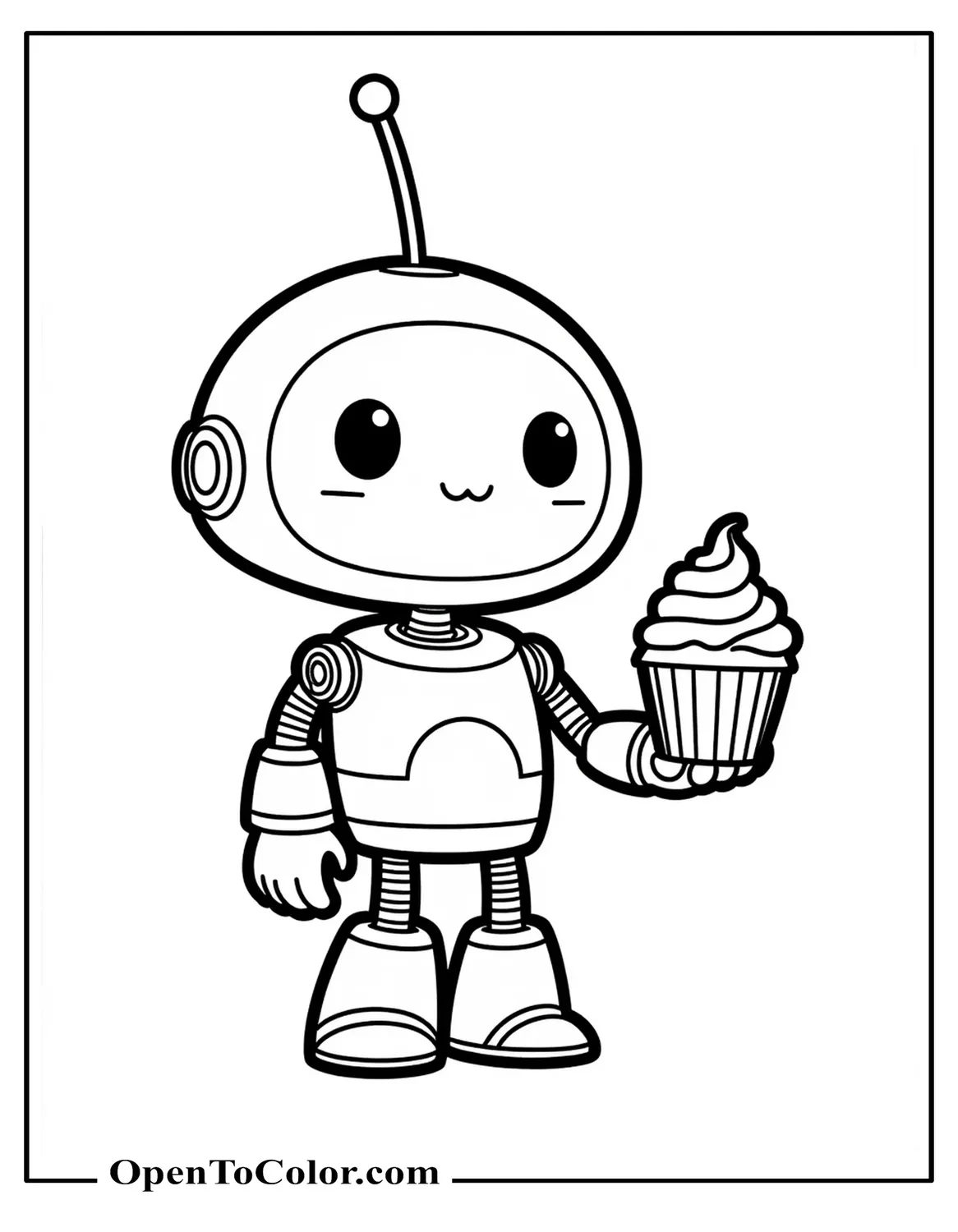 Sanrio-Style Kawaii Robot With Antenna Offering A Cupcake Coloring Page Printable