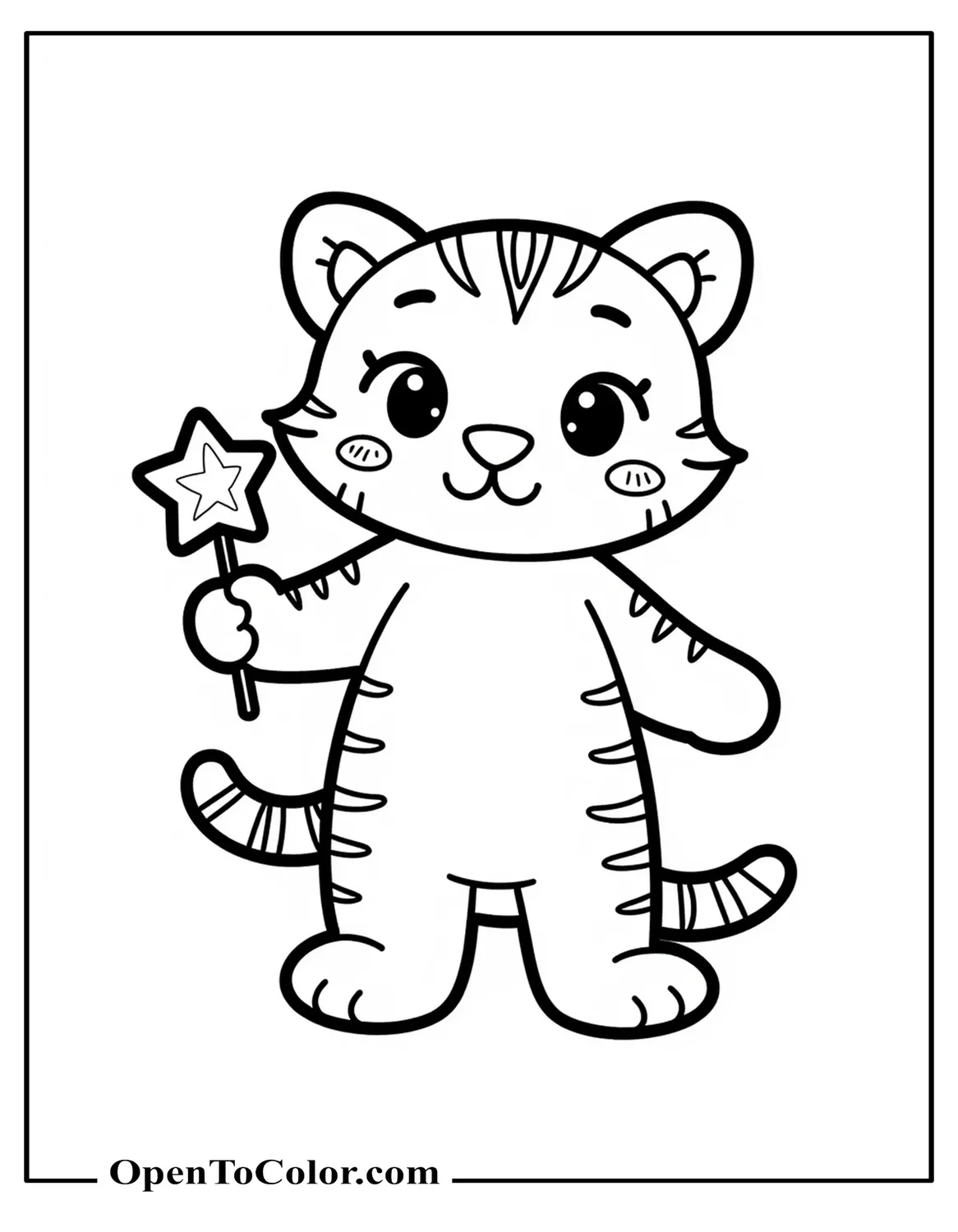 Kawaii Tiger In Sanrio Style Holding A Tiny Star Wand Coloring Sheet PDF