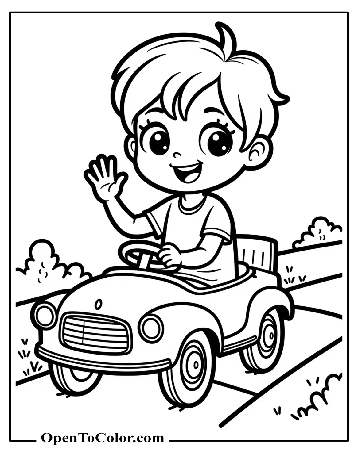 Printable Funko Pop style child in a pedal car waving on a sidewalk coloring sheet