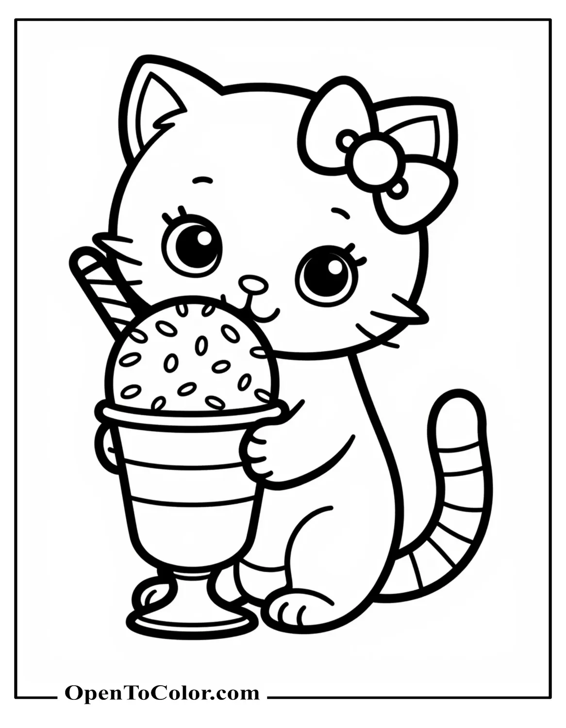 Coloring Page of a Bow-Wearing Kitten Hugging a Cup of Ice Cream with One Scoop, Printable