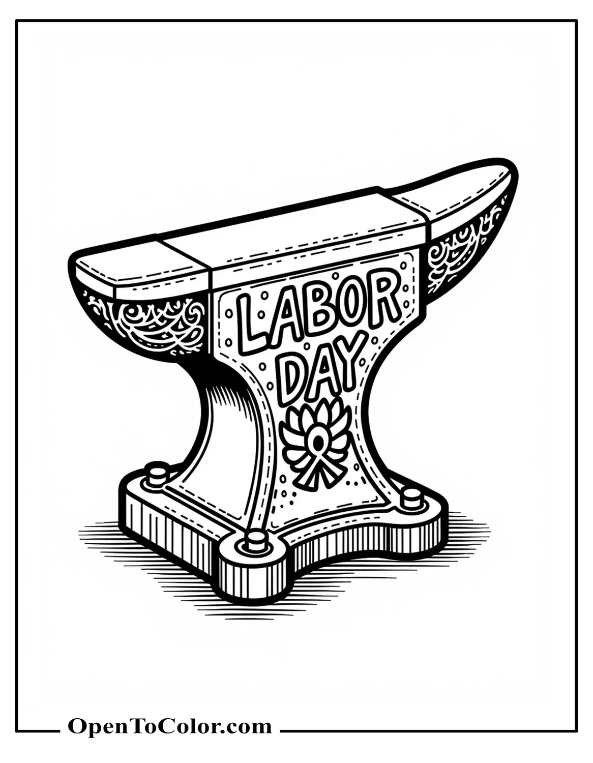 Intricate Anvil With Ornate “Labor Day” Engraving And Decorative Patterns, Printable Coloring Page