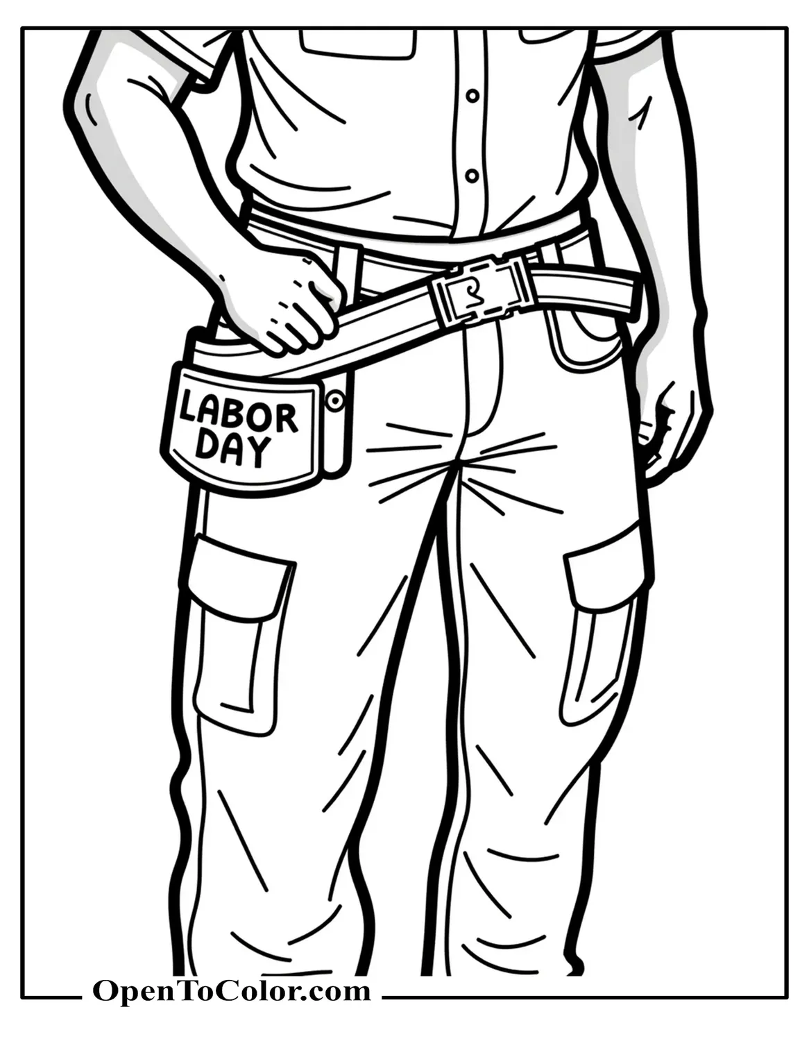Coloring page of a tool belt with a large tag that reads “Labor Day” in a PDF.