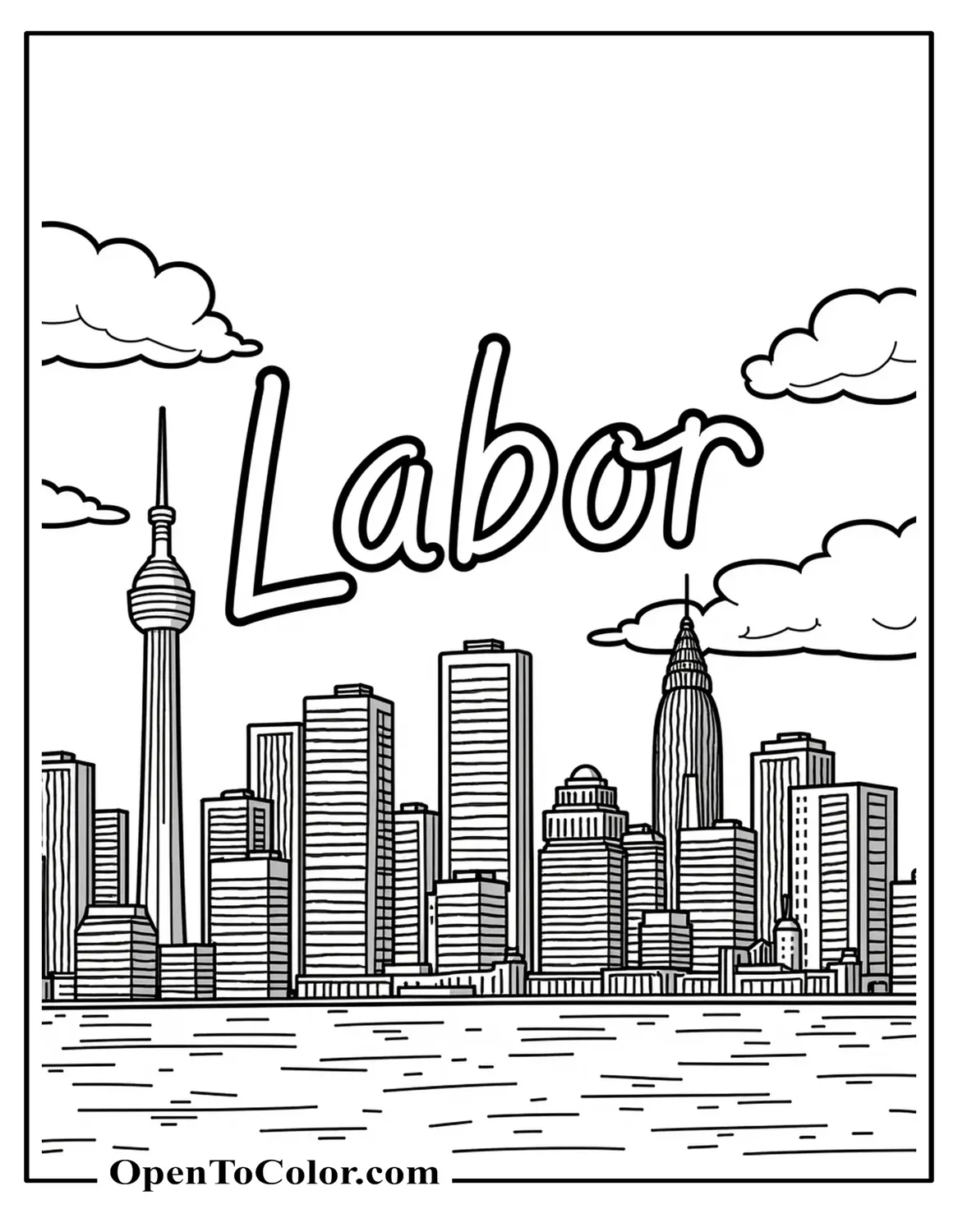 City skyline coloring page with “Labor” written as skywriting above the buildings, PDF