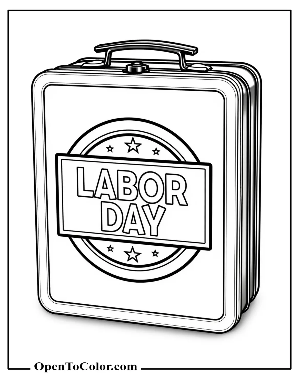 Classic metal lunchbox with a big “Labor Day” sticker on the front, coloring sheet, printable.