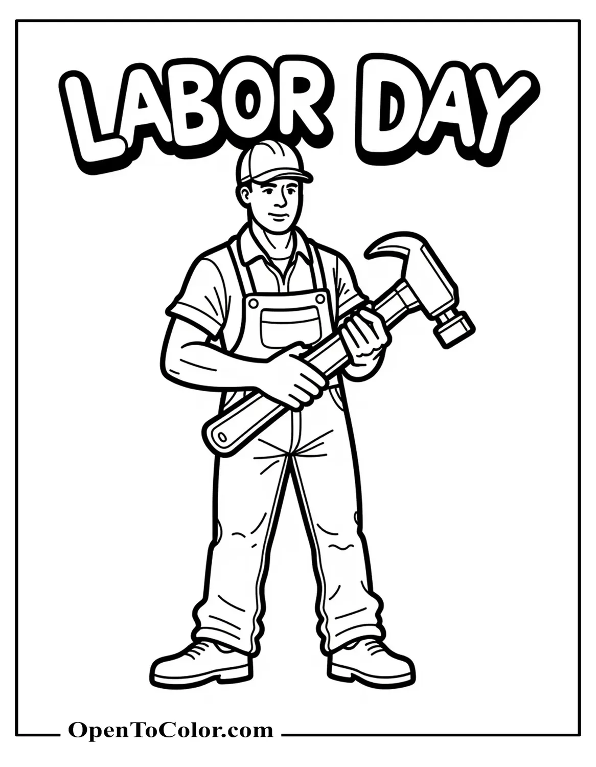 Worker Holding An Oversized Hammer Under, “Labor Day” Text Written Above Him, Coloring Page PDF