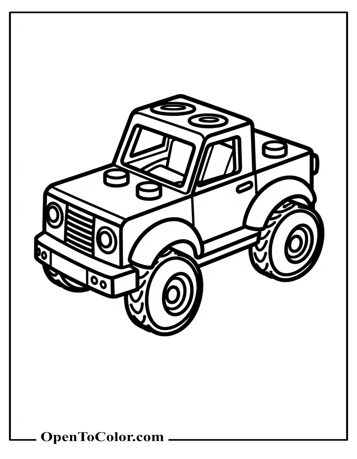 Lego brick-built car coloring page with visible studs PDF