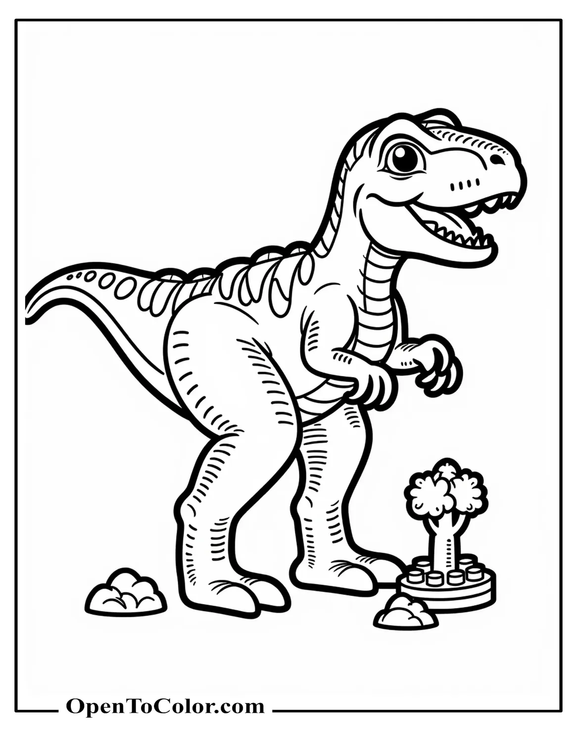 Printable Coloring Sheet of Block Toy Style Raptor with Studs and a Small Brick Tree