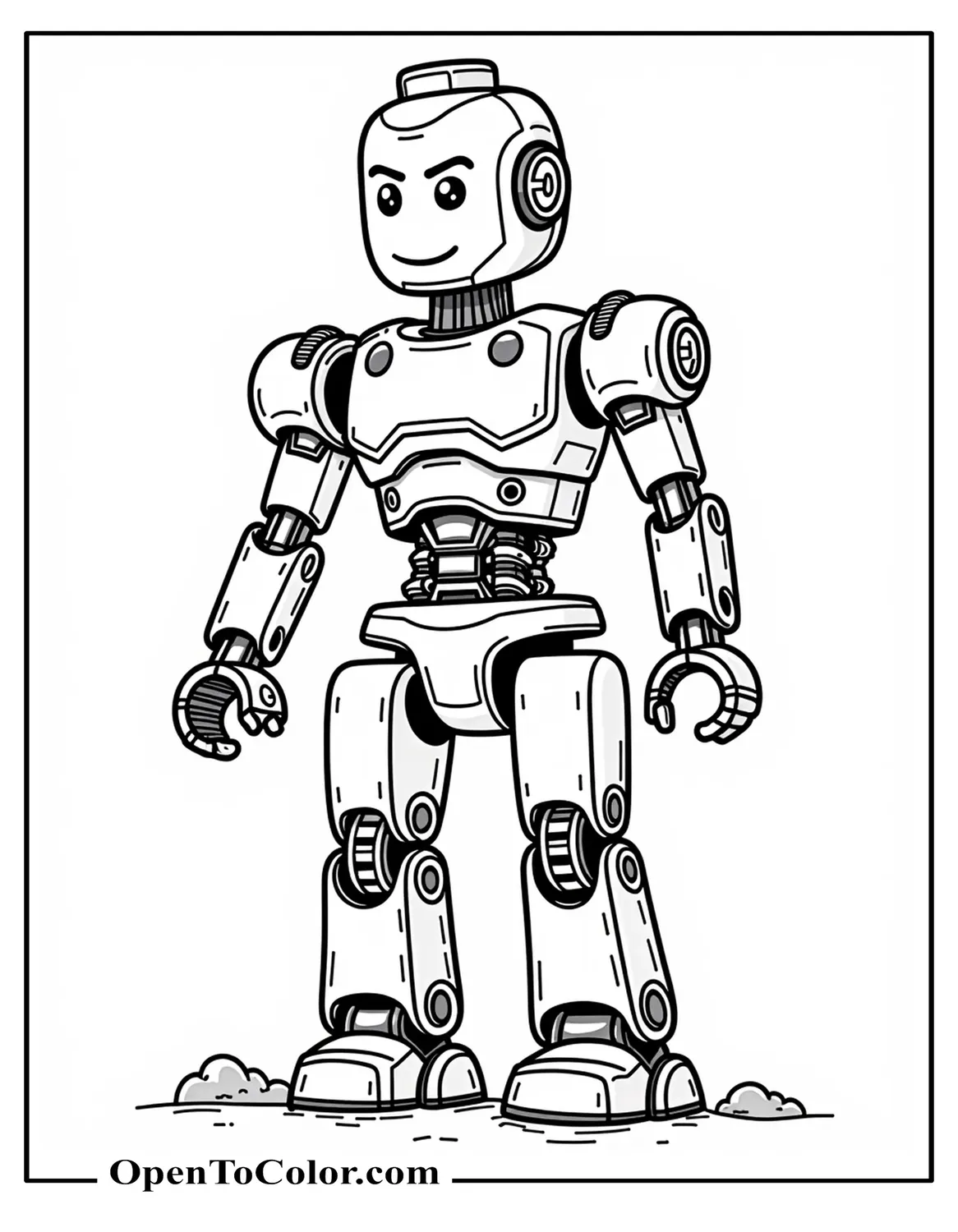 Lego-brick robot coloring page assembling itself piece by piece printable.