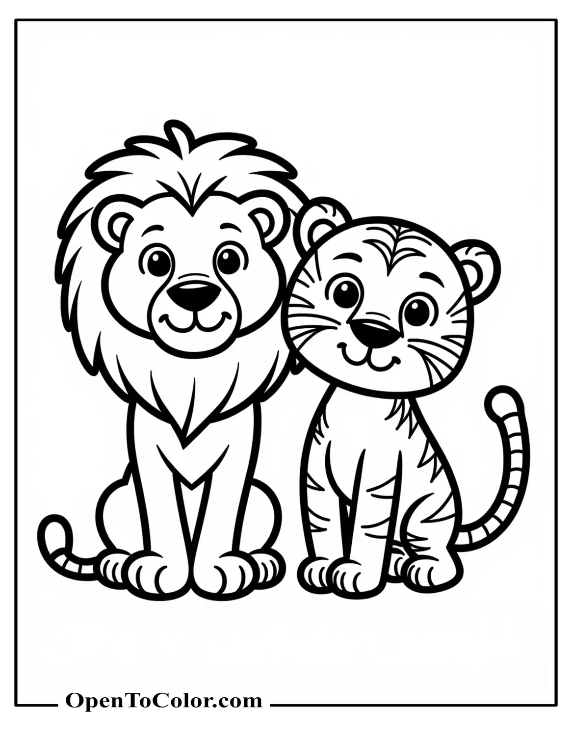 Lion and Tiger Coloring Sheet, Standing Side by Side, Friendly Faces, Printable, Simple Savanna