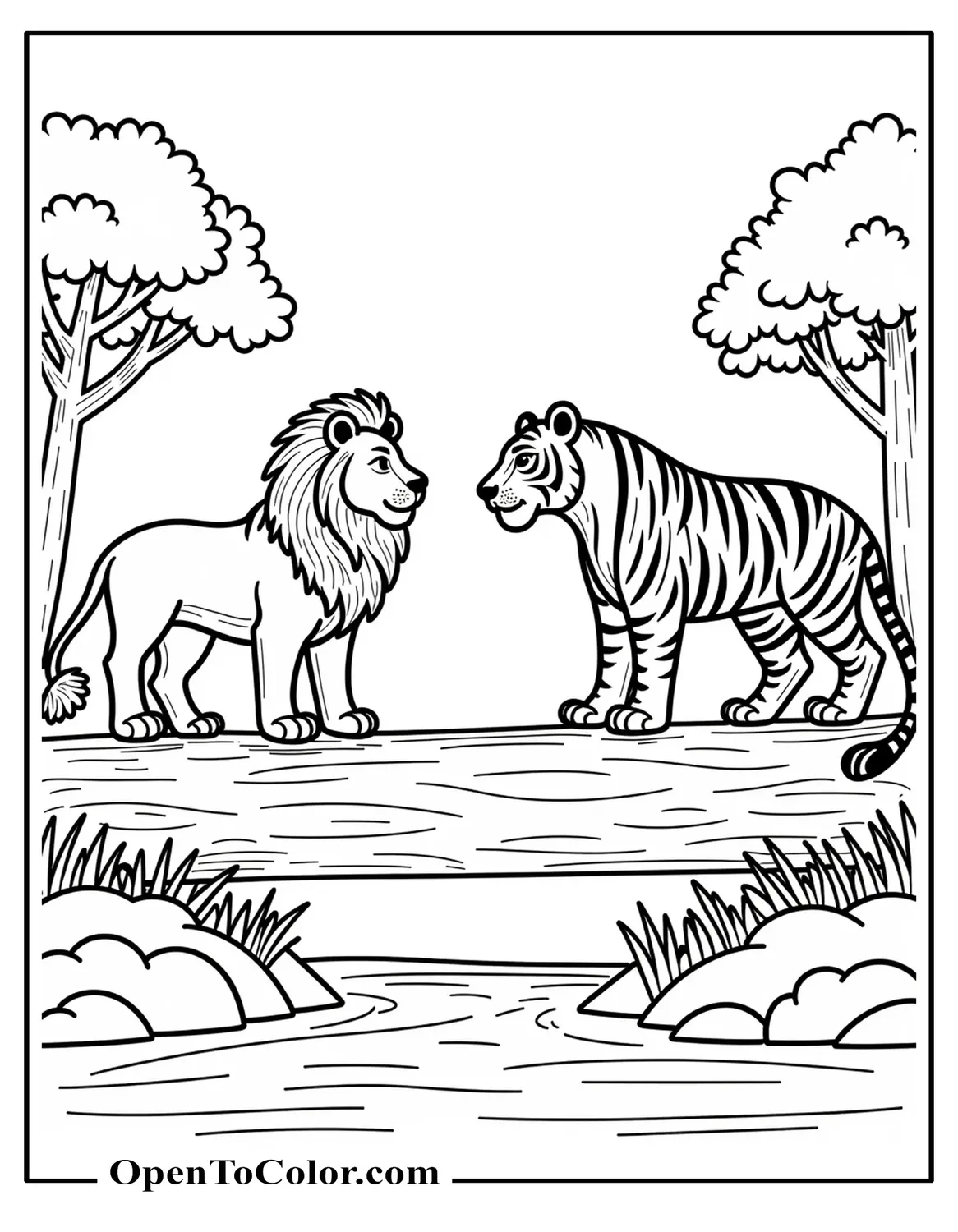 Lion Vs Tiger Facing Each Other Across A Log, Calm Stances, Coloring Page PDF