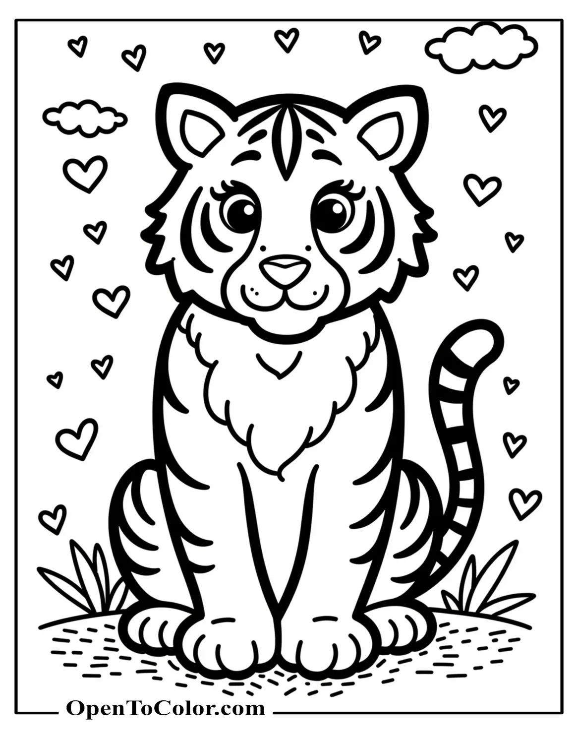 Free coloring page of a Lisa Frank style tiger sitting with stars, hearts, and clouds around.