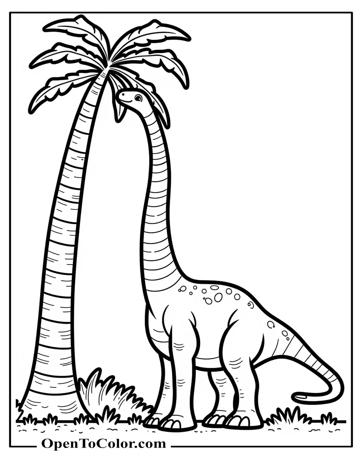 Free Coloring Sheet: Brachiosaurus Reaching Leaves From a Tall Tree