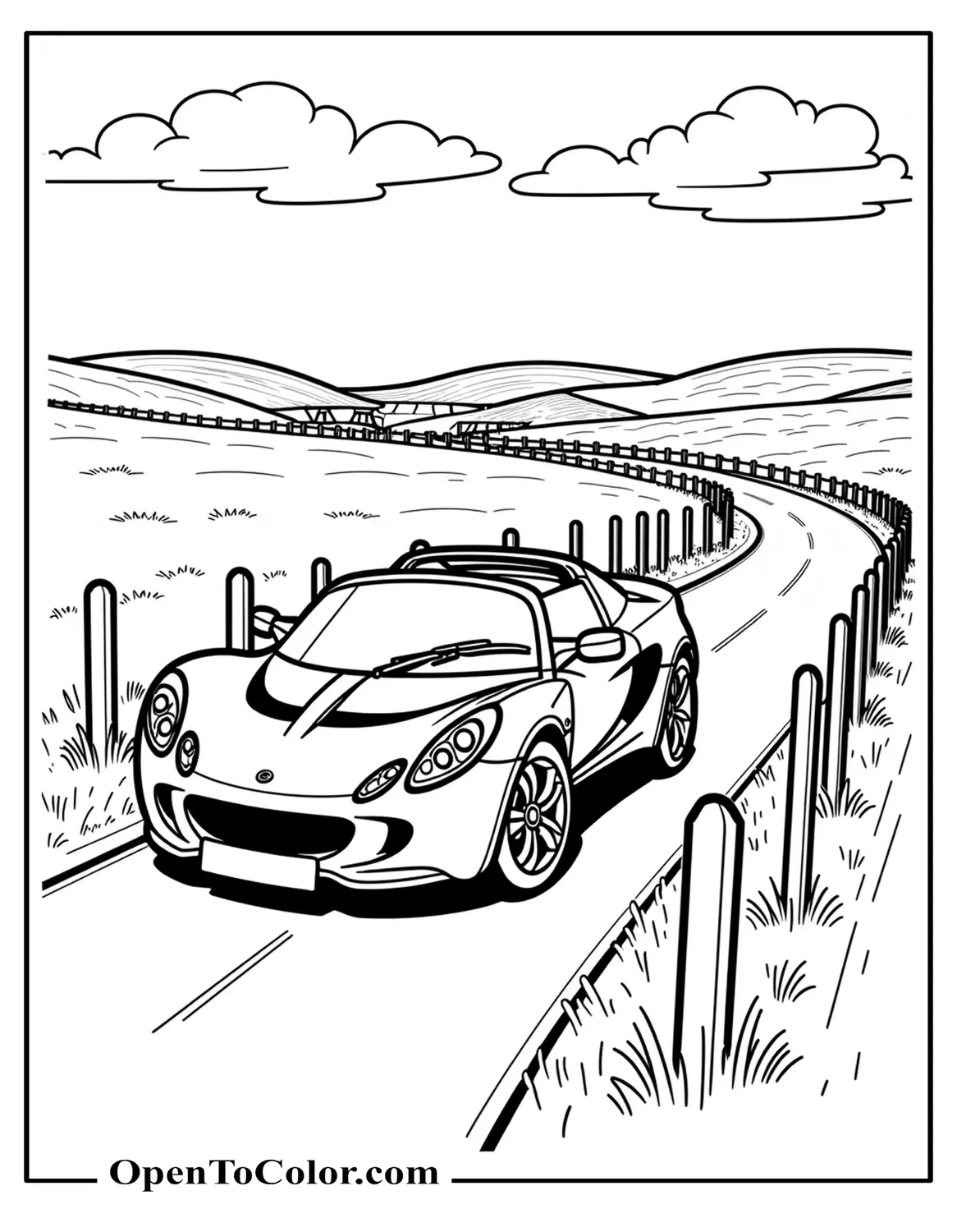 Printable coloring sheet of a Lotus Elise on a winding country lane with fence posts