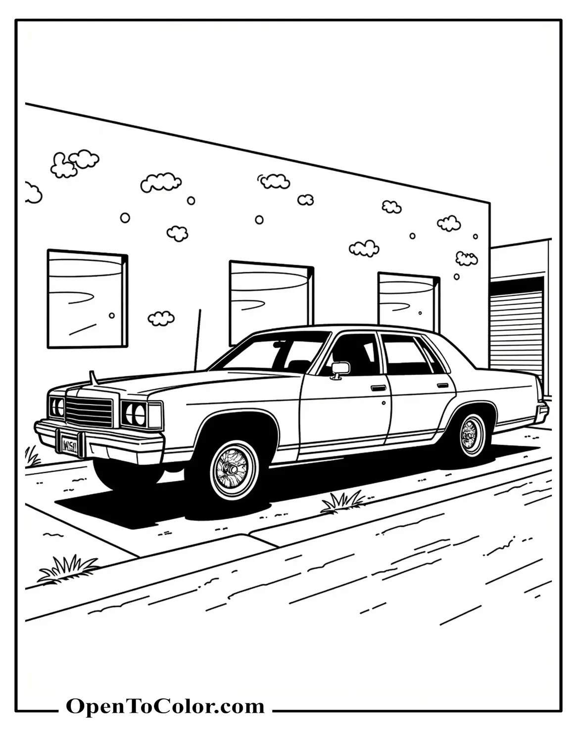 Classic Lowrider Sedan Hopping With Visible Hydraulic Lines Beside A Mural Wall, Coloring Sheet PDF