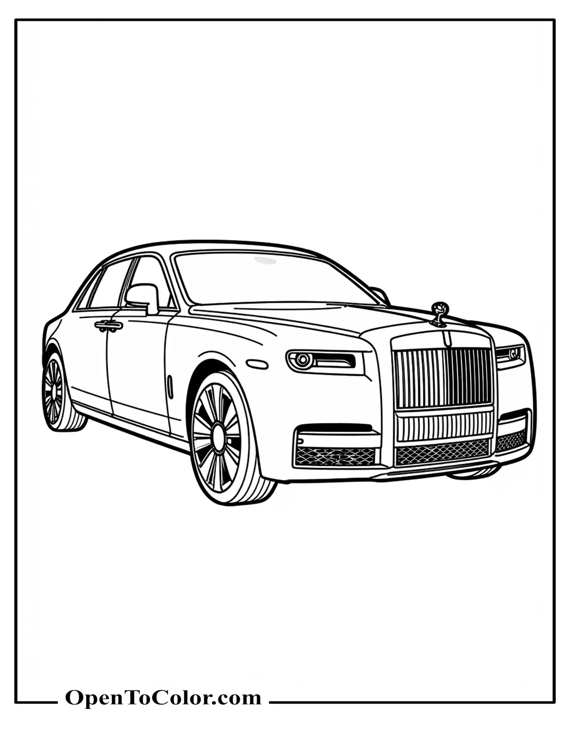 Coloring Page PDF of Long Luxury Sedan Front View with Tall Grille and Hood Ornament at Valet Posts