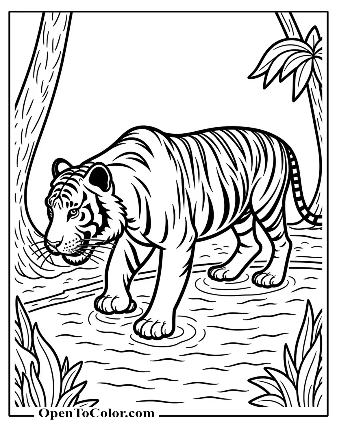 Free Coloring Page of Malayan Tiger Stepping Over Mangrove Roots with Tropical Leaves