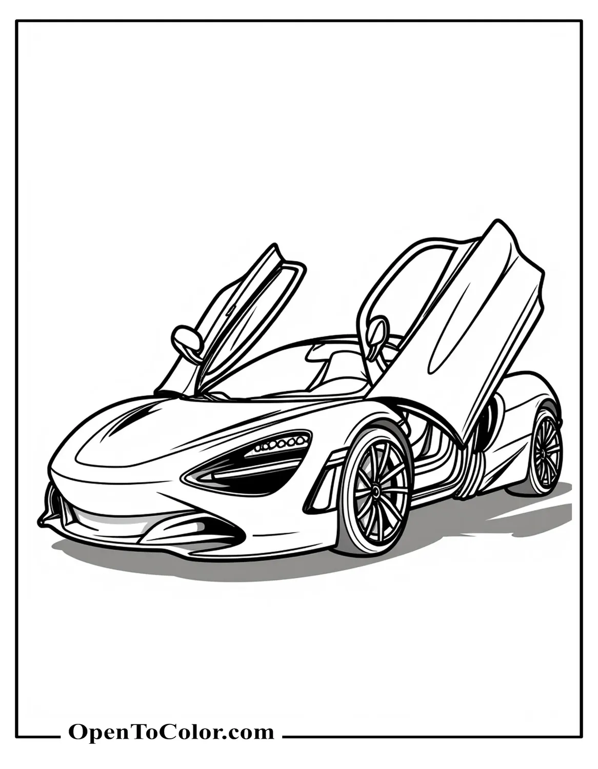 Free Coloring Sheet of McLaren 720S with Butterfly Doors Raised on a Flat Surface