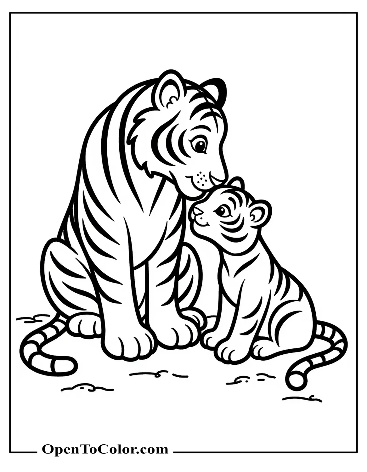 Printable coloring sheet of Mom Tiger licking Baby Tiger’s head while sitting.