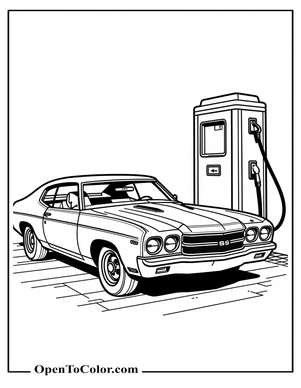 Free Vintage Muscle Sedan Coloring Sheet At An Old Gas Pump With Hose And Price Board