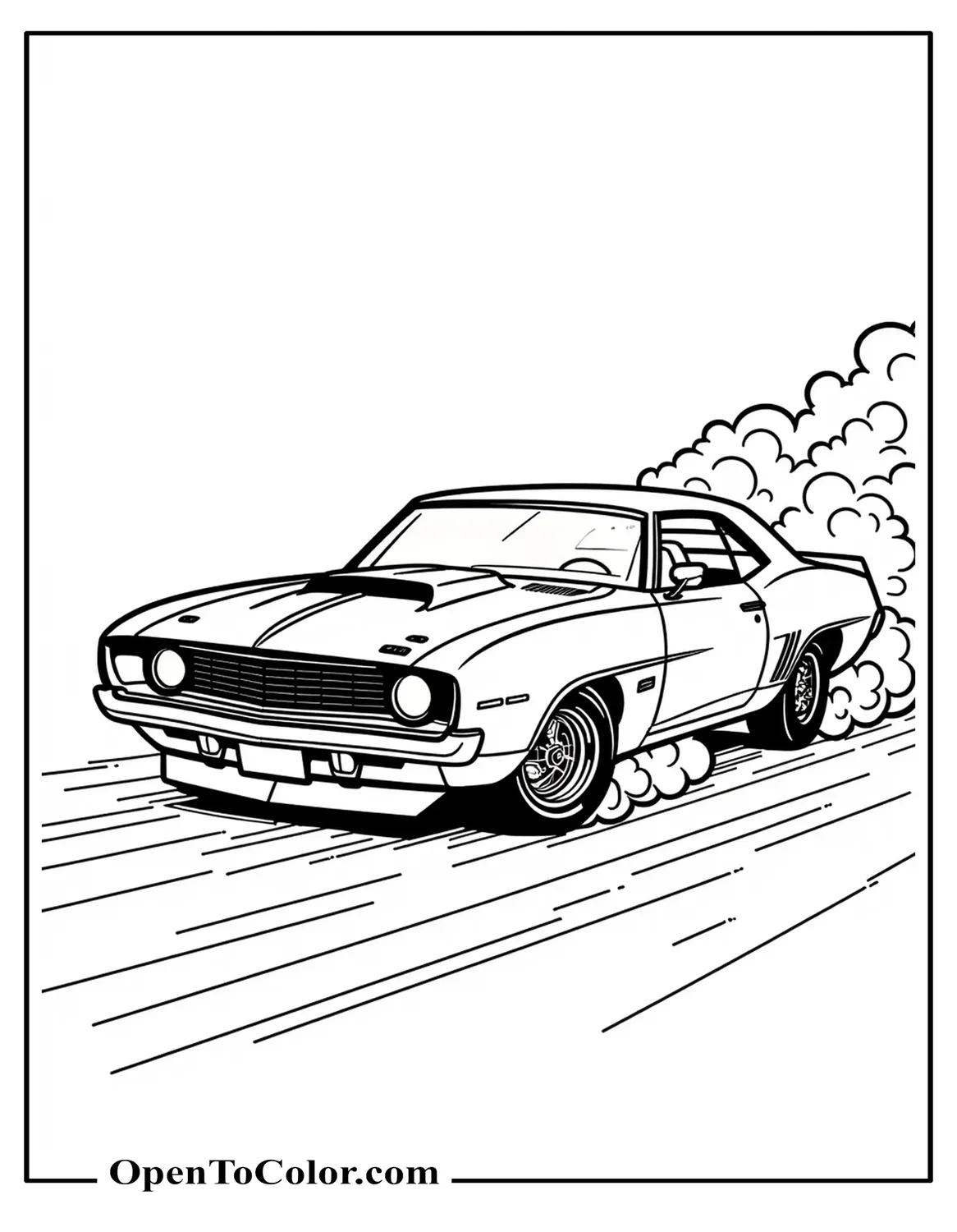 Muscle Car Coloring Sheet PDF Doing A Burnout With Curling Tire Smoke And Skid Marks