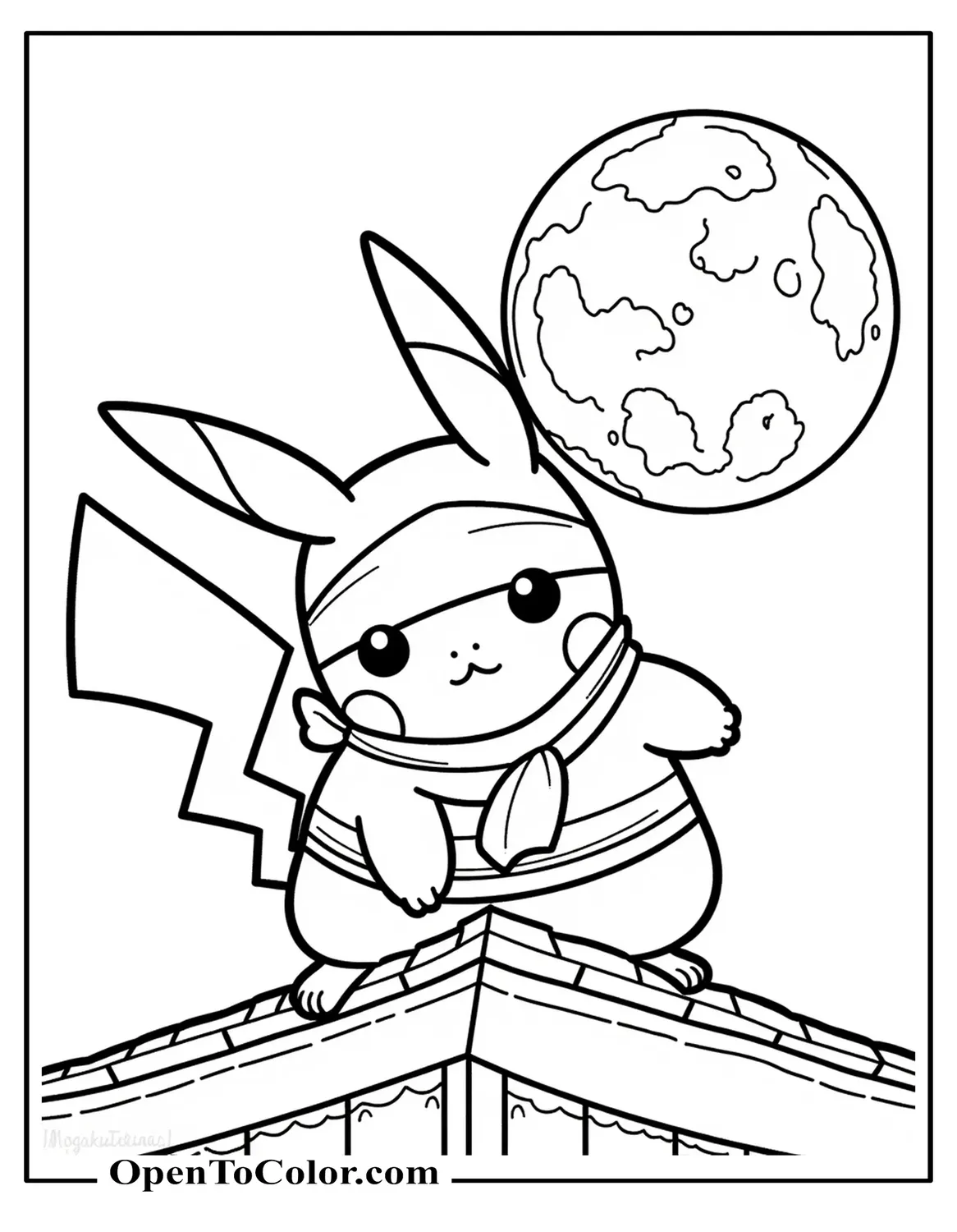 Ninja Pikachu Coloring Page PDF With Headband And Scarf Crouching On A Rooftop Under A Full Moon