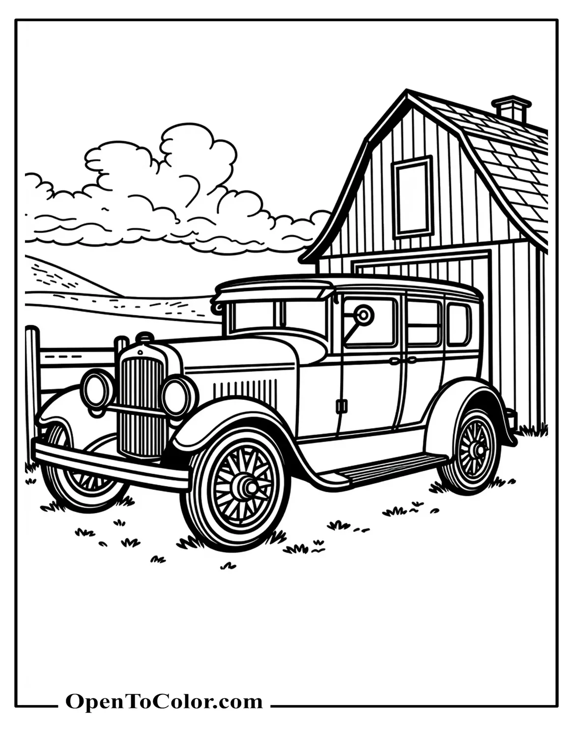 Free Coloring Sheet of 1920s Boxy Sedan Parked Beside a Wooden Barn and Fence