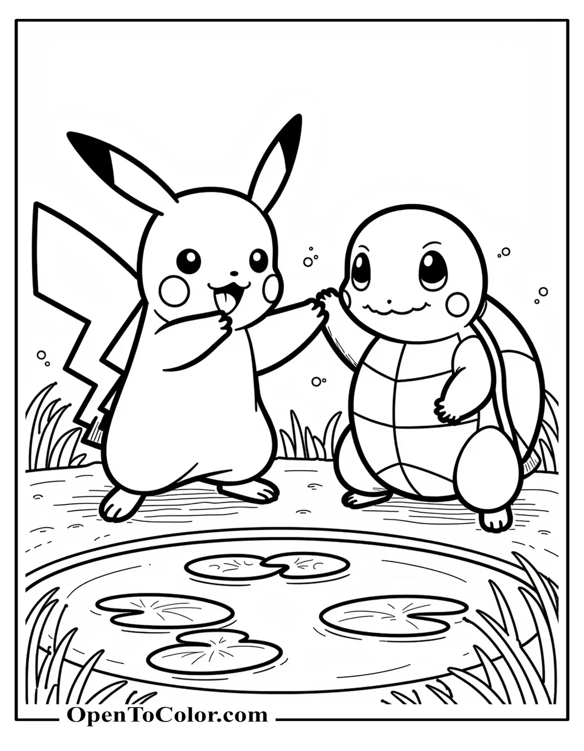 Pikachu and Squirtle high fiving near a pond with lily pads, printable coloring page.