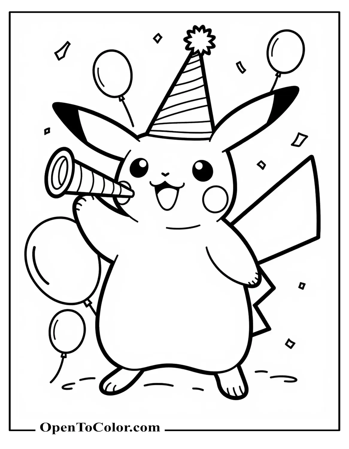 Free Coloring Page of Pikachu Wearing a Party Hat Blowing a Party Horn with Balloons and Confetti
