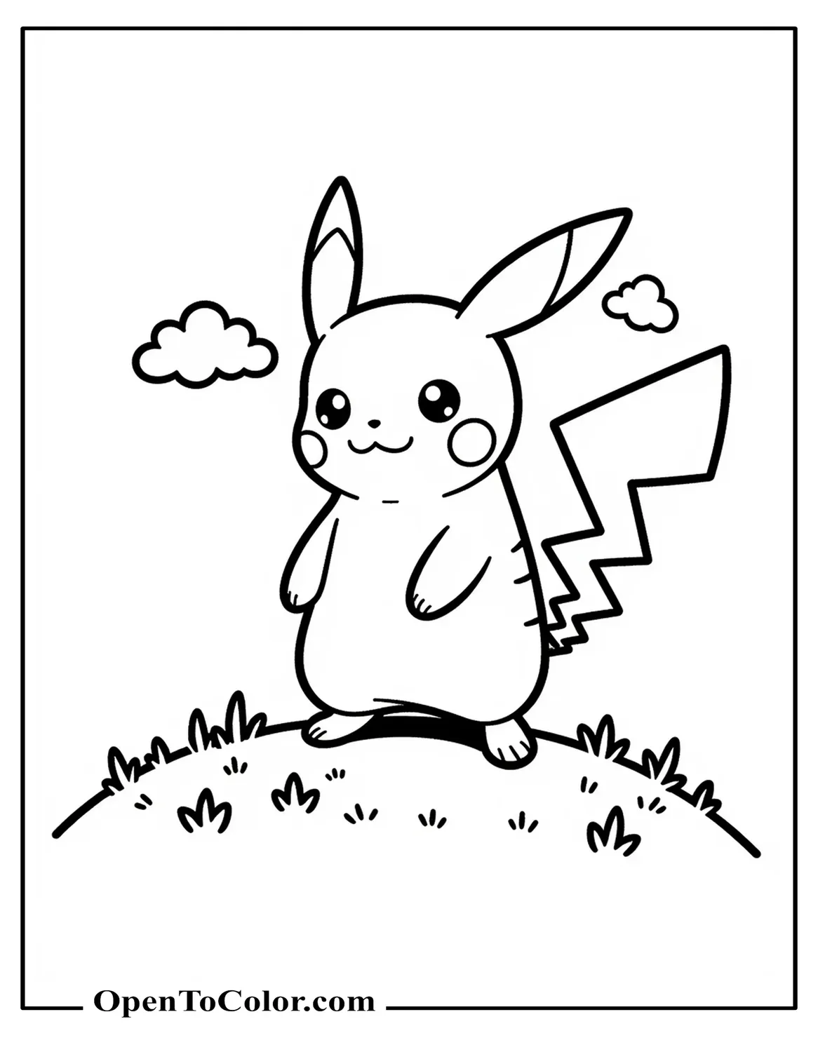 Pikachu standing three-quarter view on a grassy hill with two small clouds coloring page PDF