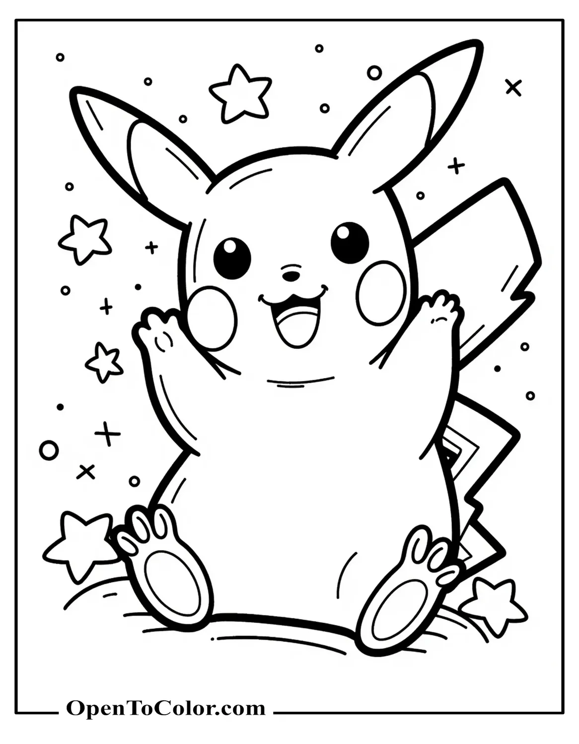 Printable coloring sheet of Pikachu lying on back paws up with cute expression and star stickers nearby.