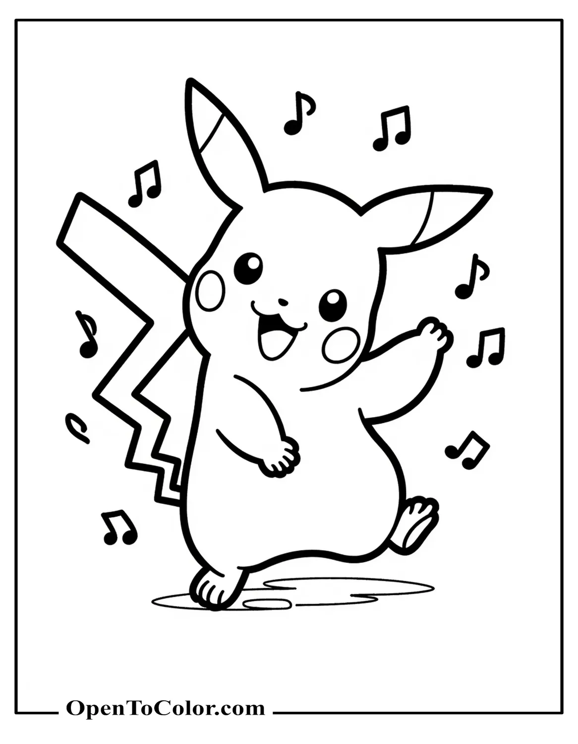 Free Coloring Sheet of Pikachu Dancing One Paw Up One Foot Lifted with Music Notes Around